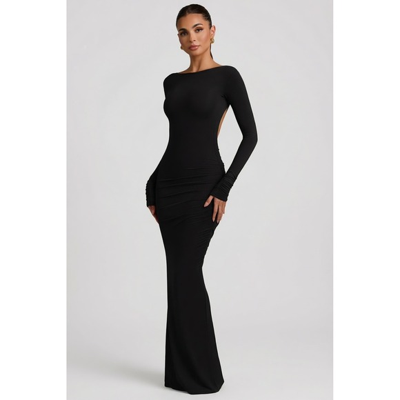 Oh Polly Dresses & Skirts - Oh Polly Black Long Sleeve Open Back Maxi Dress Ruched Modal Formal Size M NWT